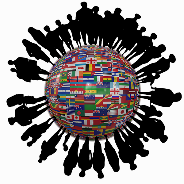 Silhouettes of people around a sphere covered with flags of different nations