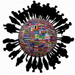Silhouettes of people around a sphere covered with flags of different nations 