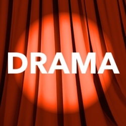 Red drape background with spotlight on the word drama