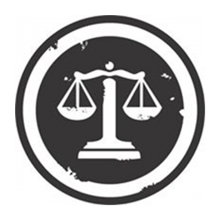 Scales of justice in white on black circular background with black circle around