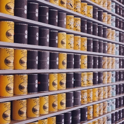 Supermarket aisle with rows of canned food