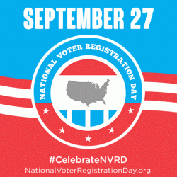 September 27 National Voter Registration Day red white and blue logo