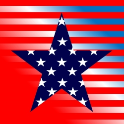 Red and blue striped background with large blue star in center filled with white stars 