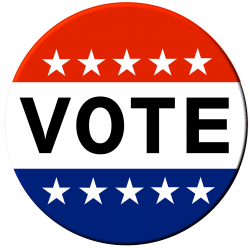 Circular, red, white, and blue button with white stars and text that reads: vote