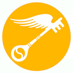 Scholastic art and writing awards logo of winged key in front of orange circular background