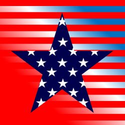 Red and blue striped background with large blue star in center filled with white stars 
