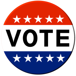 Circular, red, white, and blue button with white stars and text that reads: vote