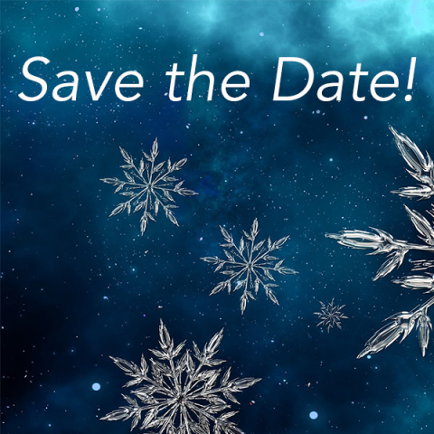 Snowflakes against a blue cloudy background, text reads: Save the Date