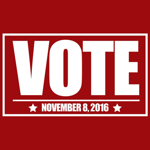 Red square with text that reads vote November 8, 2016