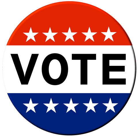 Circular, red, white, and blue button with white stars and text that reads: vote